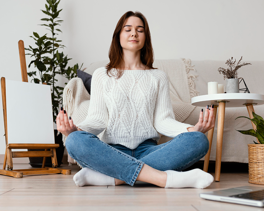 retrato interior meditando mujer
